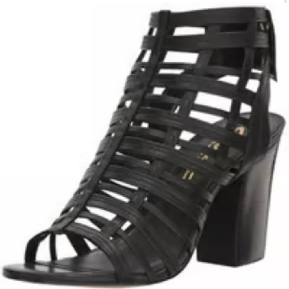 Sbicca Vintage Collection Leilani Heeled Caged Black Leather Sandals Women's 9